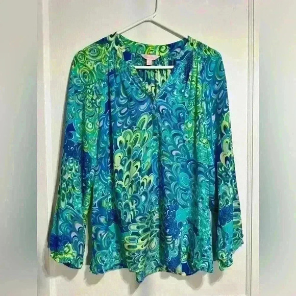 Lilly Pulitzer Elsa Silk Women’s Top Sea Blue Lillys Lagoon 100% silk - Picture 2 of 10